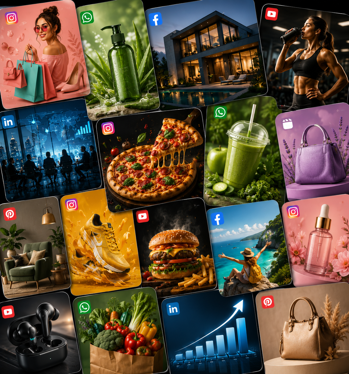 AI-generated marketing creatives collage for different business categories
