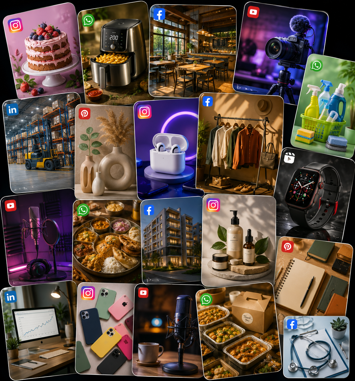 AI brand visual collage for restaurants, retail, gadgets, beauty, and local businesses